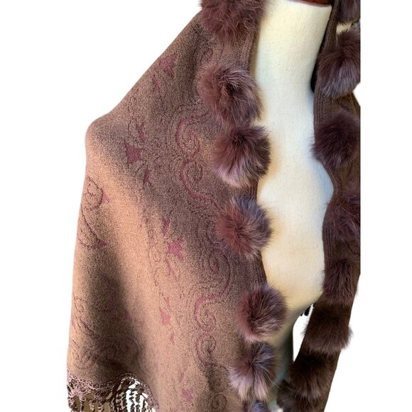 Vintage Woven Textured Fur Pom Pom with Embroidered Fringe Brown Art Shawl Brown - Picture 2 of 11